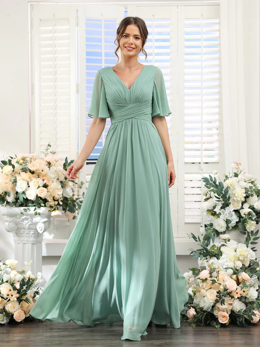 Act Now A-Line V-Neck Half Sleeves Split Side Chiffon Bridesmaid Dresses With Pockets
