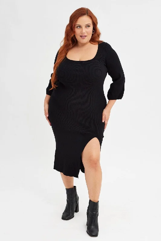 Price Rollback Black Midi Dress Long Balloon Sleeve Sexy Split Knit