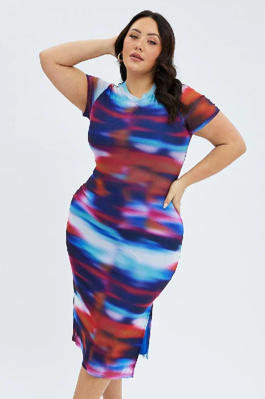Limited Time Multi Abstract Maxi Dress Mesh Cap Sleeve Bodycon