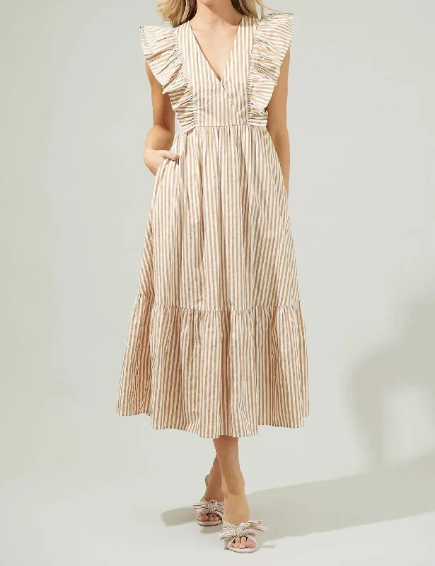 Sale Event Luna Striped Fairness Poplin Surplice Midi Dress In Taupe Multi