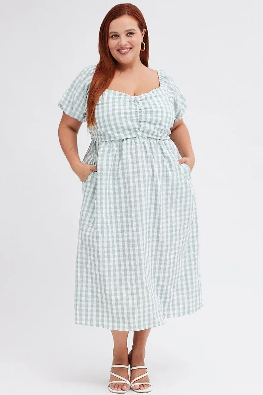 Savings Bonanza Check Midi Dress Ruched Bodice Gingham Puff Sleeve