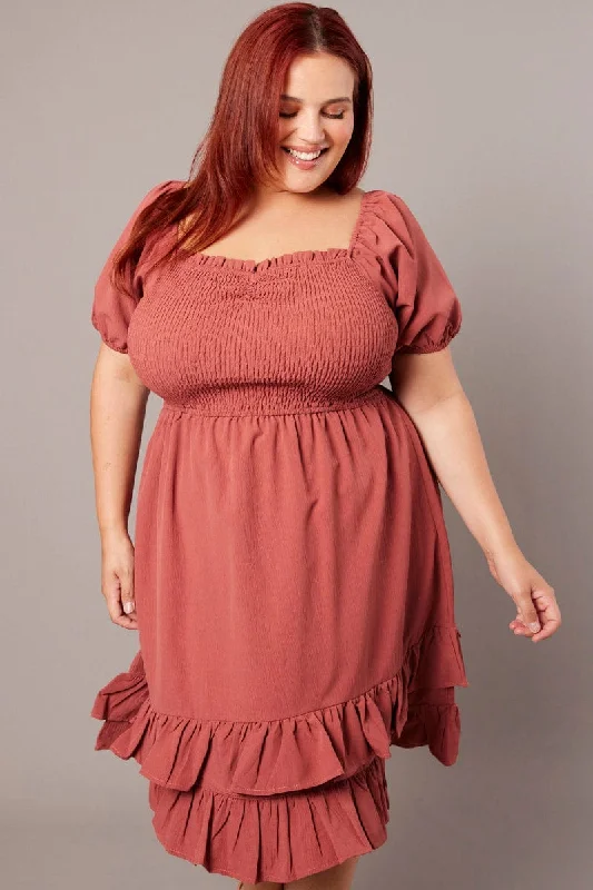 Buy Now Brown Shirred Mini Dress Sweetheart Neck
