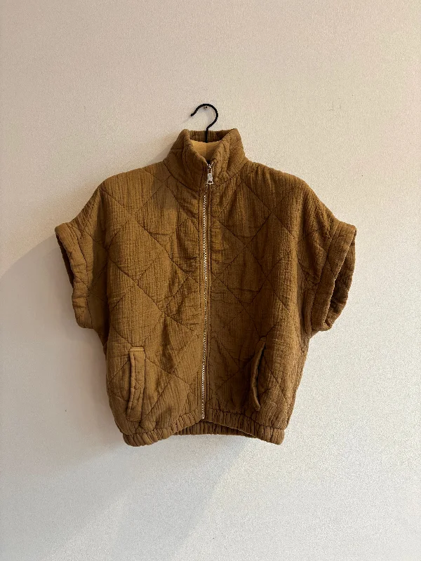 Price Buster Tan Cropped Sleeve Quilted Bomber Jacket