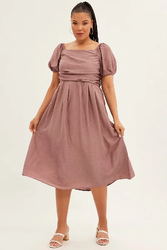 Discount Days Pink Midi Dress Puff Sleeve Square Neck Lined Textured