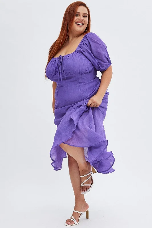 Price Cut Purple Midi Dress Short Sleeve Ruffle Ruched Bust