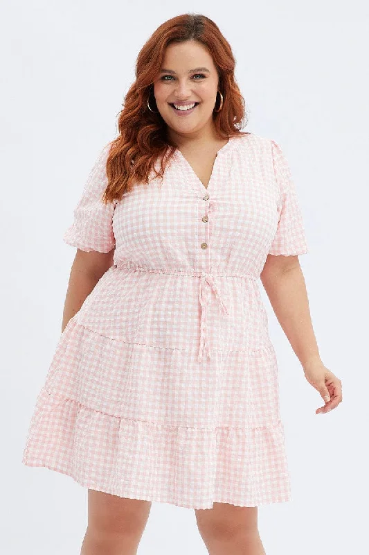 Midnight Madness Pink Check Shirt Dress Short Sleeve Tiered