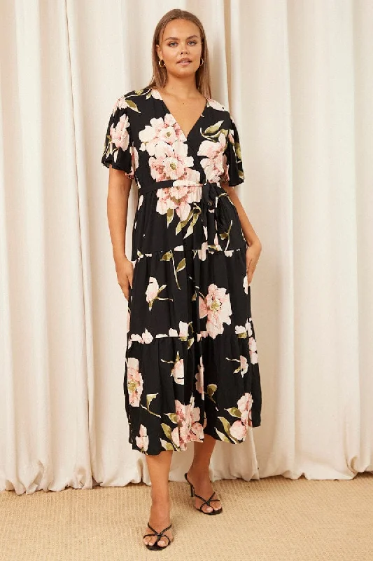 Crazy Deals Black Floral Maxi Dress Short Sleeve Wrap Front Tiered