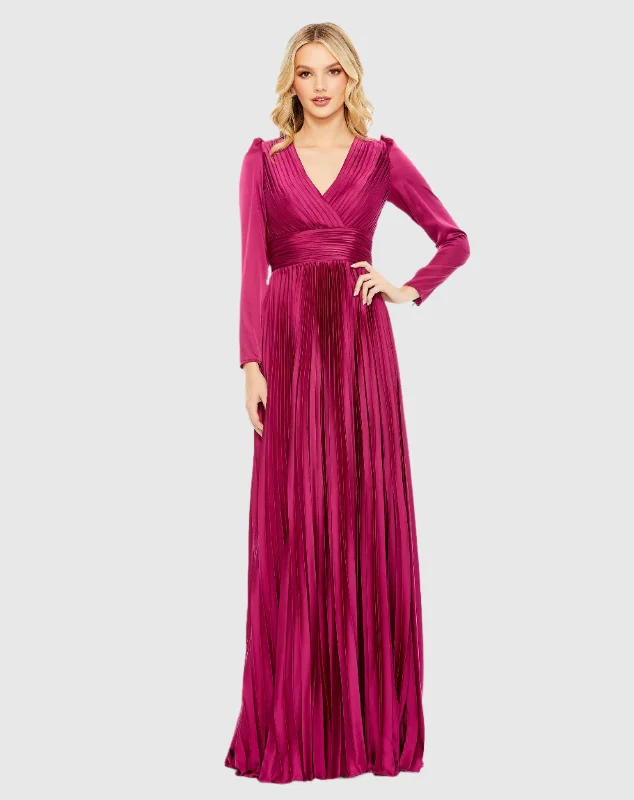 Price Buster Purple Pleated Long Sleeve V-Neck Gown