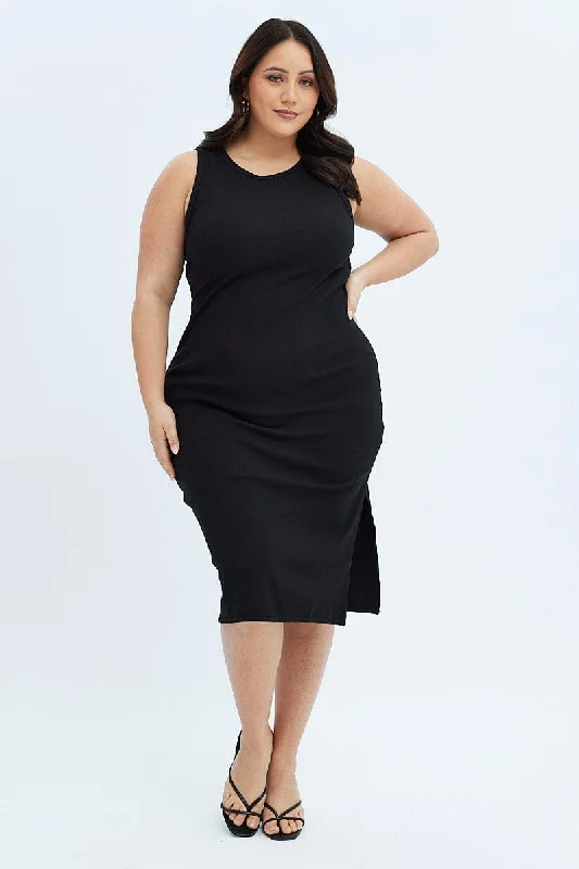 Must-Have Deals Black Midi Dress Rib Jersey Fitted Sleeveless