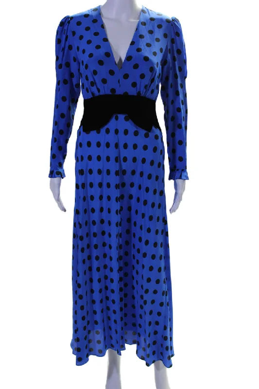 Buy Now Rixo Womens Silk Polka Dot V Neck Long Sleeves A Line Dress Blue Black