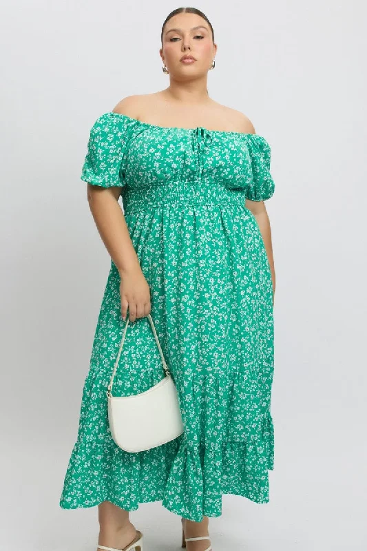 Super Bargain Green Ditsy Midi Dress Short Sleeve Ruched Bust