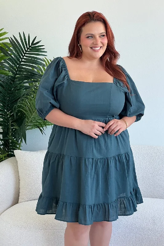 Savings Spectacular Green Square Neck Puff Sleeve Minidress