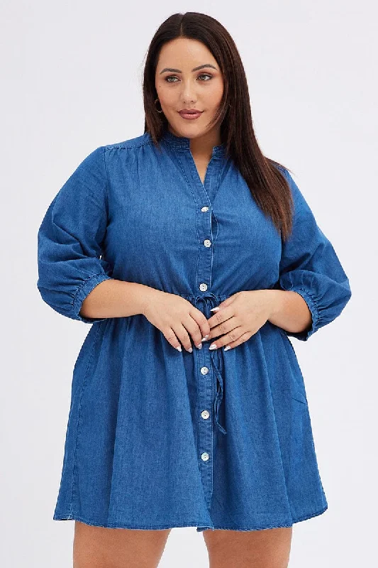 Savings Alert Blue Shirt Dress Denim Look Puff Sleeve