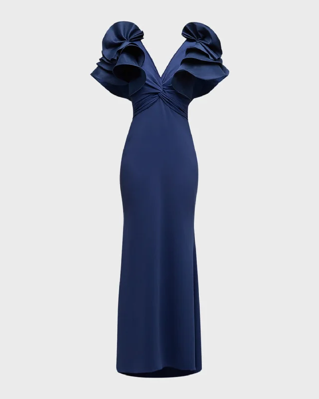 Midnight Sale Twist-Front Ruffle Column Gown