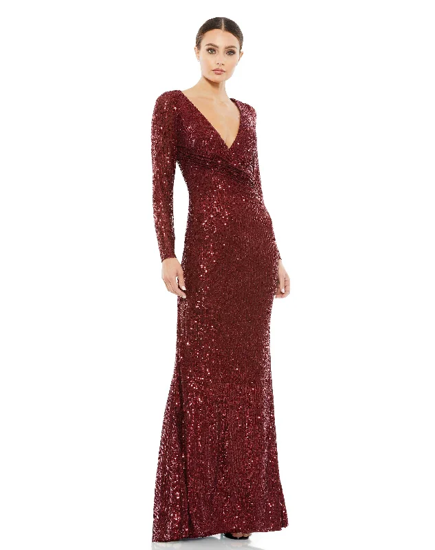 Clearance Sale Sequined Faux Wrap Long Sleeve Column Gown