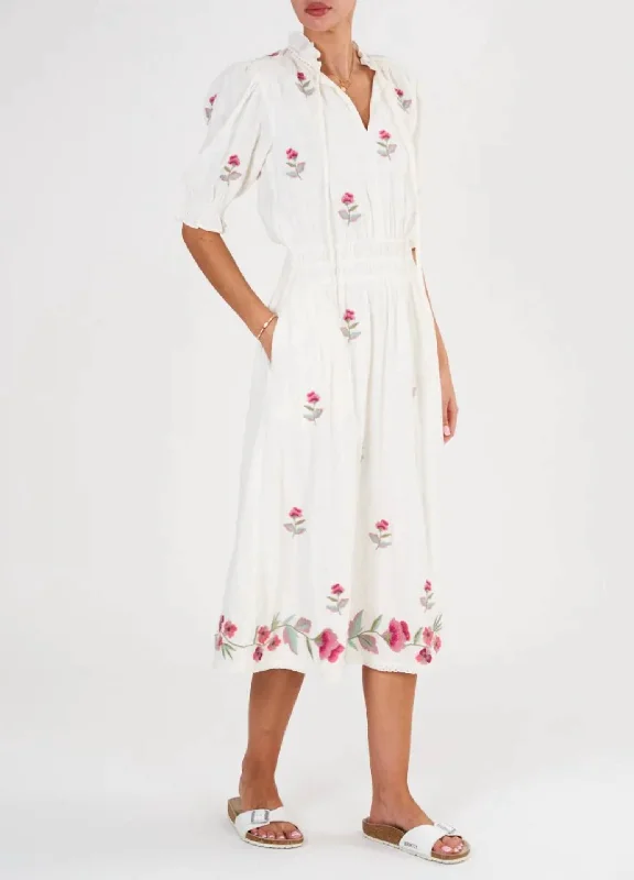 Hurry In Tila Embroidered Midi Dress In Ecru