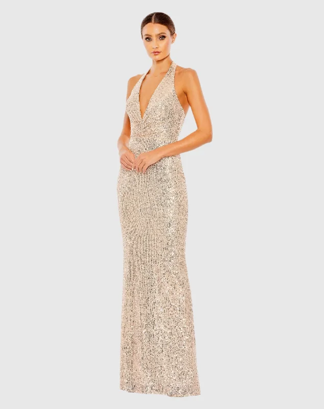 New Markdowns Gold Sequined Halter Strap Plunge Neck Gown