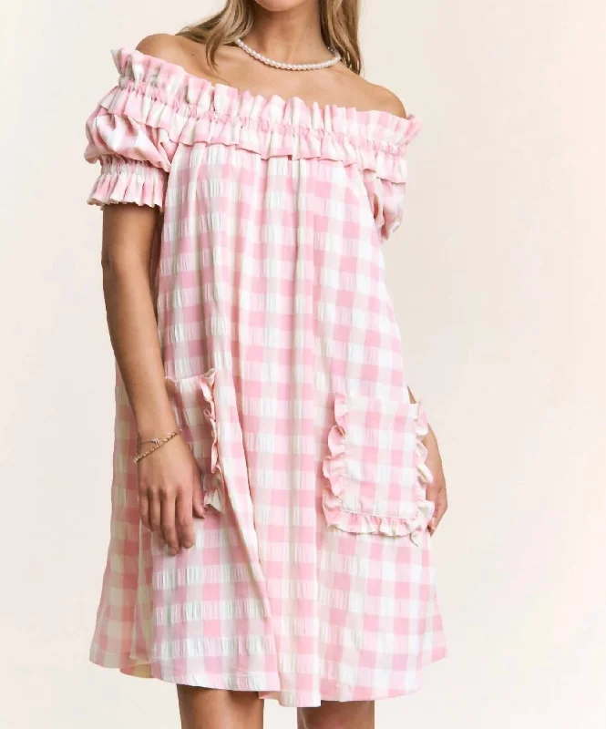 Major Savings Checkered Off Shoulder Midi Dress With Pockets In Pink