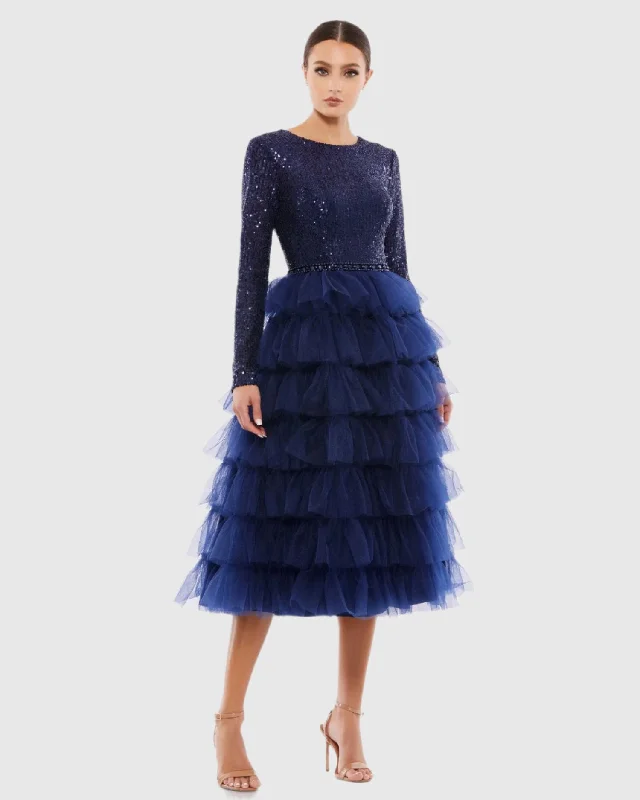 Take Advantage Navy Long Sleeve Ruffle Tiered Midi Dress