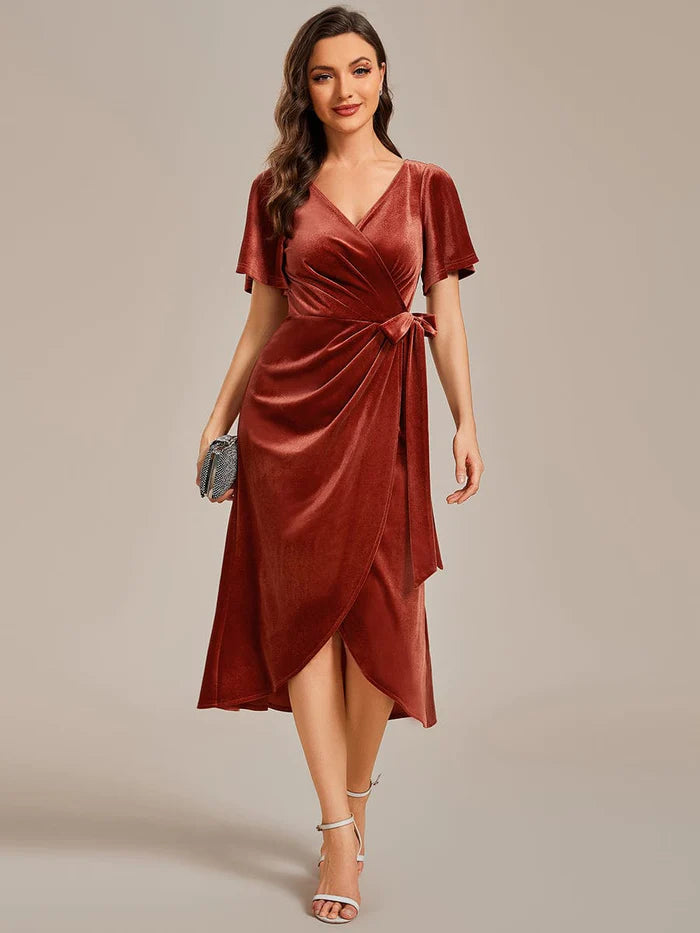 Savings Event One-Piece Type Short Sleeves V-Neck Velvet Midi Wedding Guest Dress