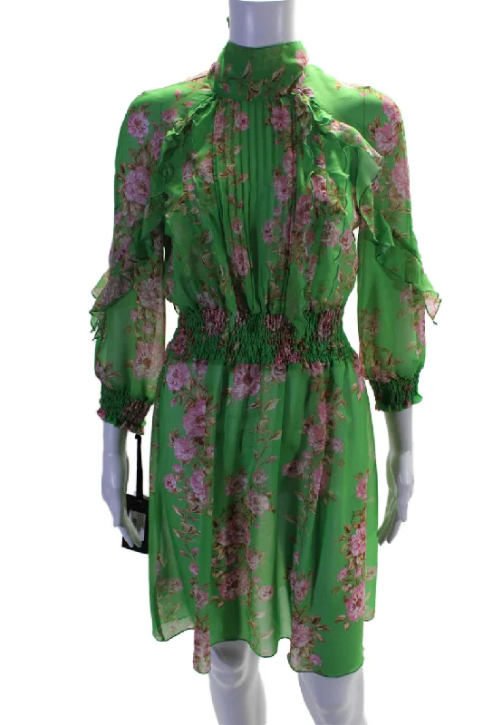 Blowout Deals Pinko Womens 3/4 Sleeve ST Fiore Chiffon Floral Dress Green Pink