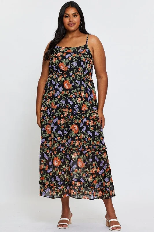 Inventory Reduction Floral Print Maxi Dress Square Neck Sleeveless