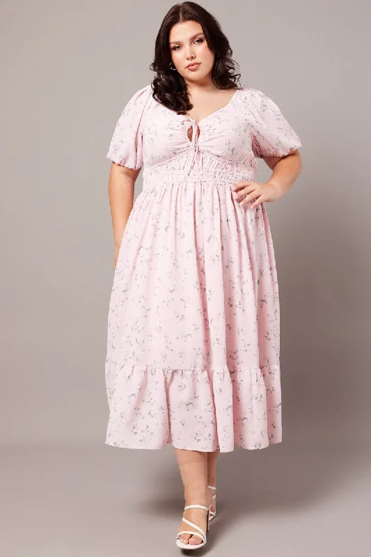 Customer Appreciation Sale Pink Ditsy Midi Dress Short Sleeve Ruched Bust
