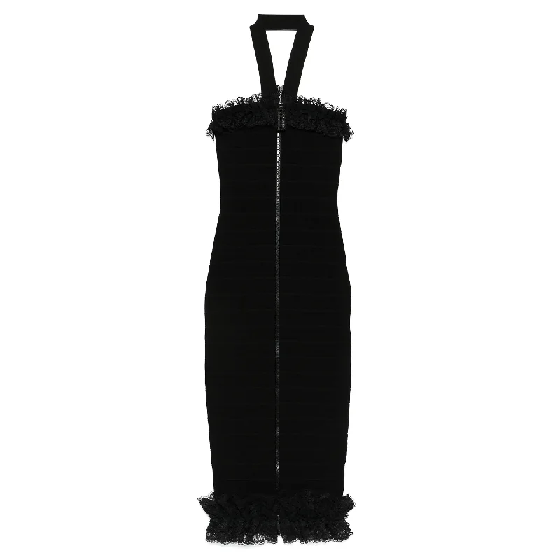 Bargain Prices Black Knit Zip Ruffle Midi Dress
