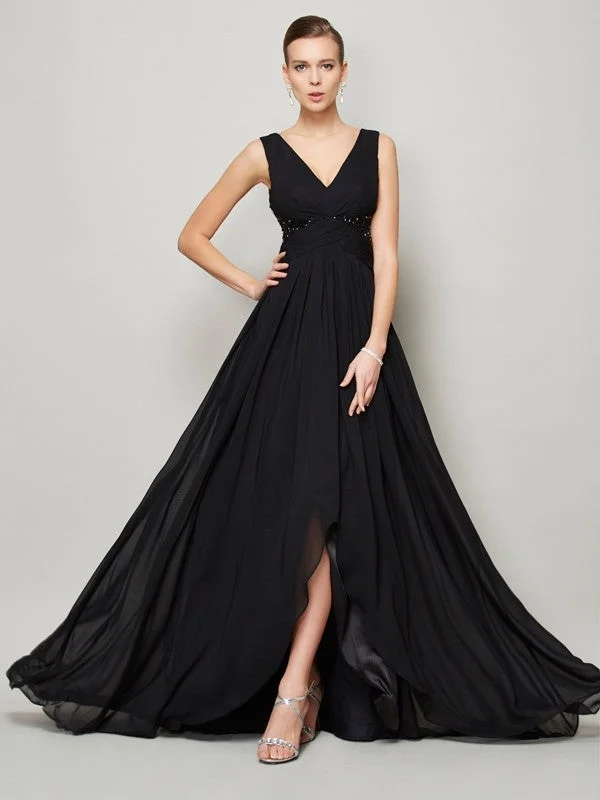 Today Only A-Line/Princess V-neck Sleeveless Beading Long Chiffon Dresses