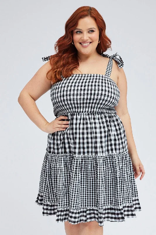 Online Only Black Check Fit And Flare Dress Sleeveless Shirred