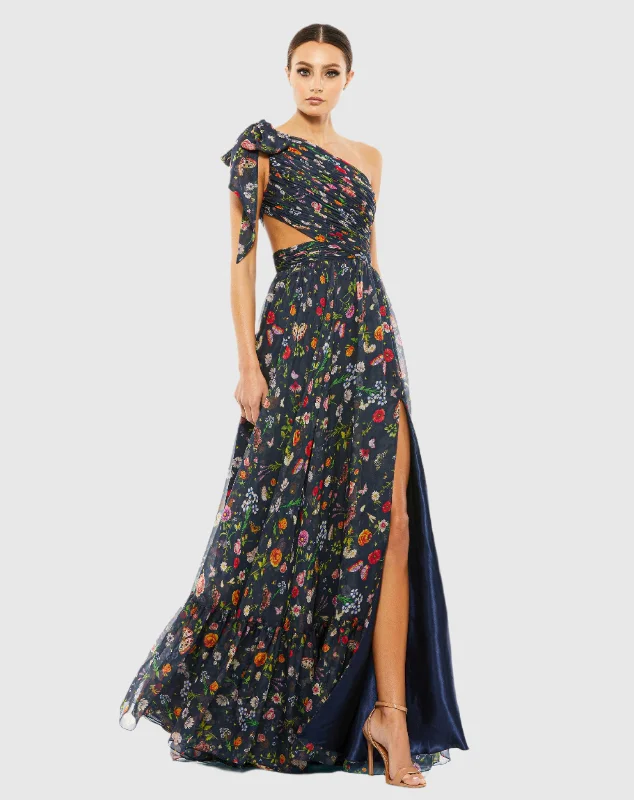 Fantastic Offers Blue Tied One Shoulder Cut-Out Flowy Gown