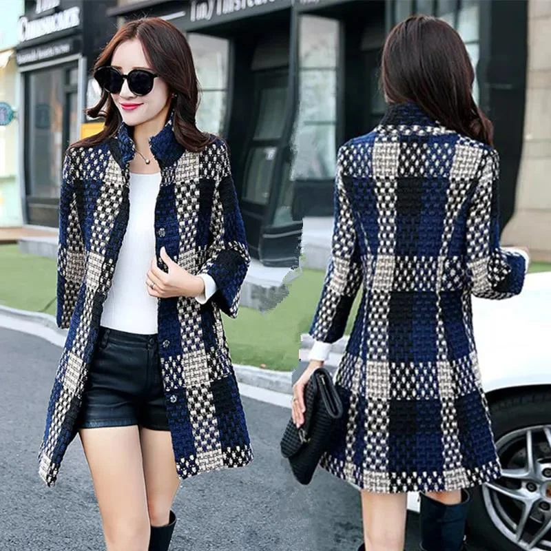Quick Sale ELDORA Design Women's Fine Fashion Elegant Luxury Navy Blue Plaid Style Wool Coat Jacket