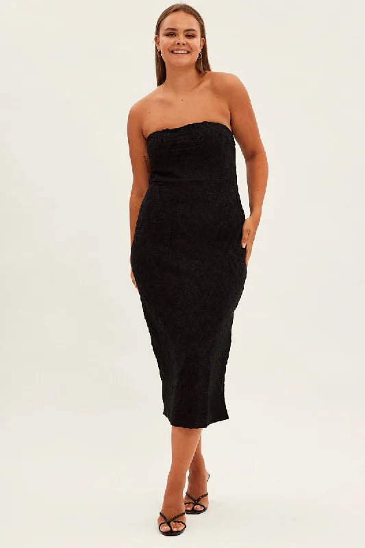 Weekend Deal Black Bodycon Dress Strapless Midi Textured