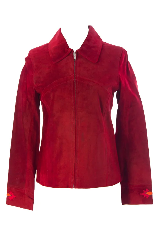 Don't Wait LUCIANO ABITBOUL Women's Cherry Red Floral Detailed Suede Jacket $545 NEW