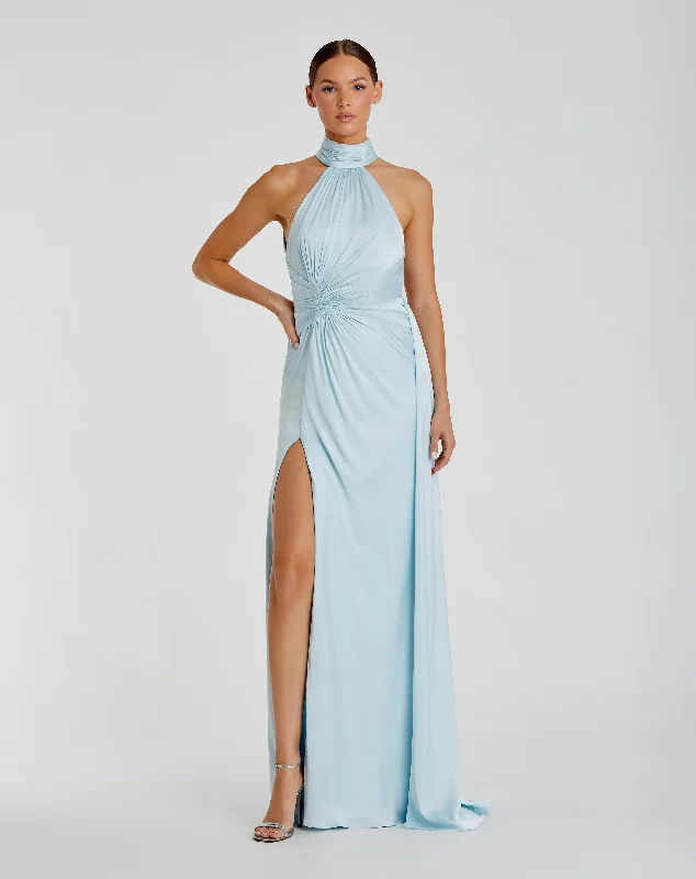 Buy More, Save More Light Blue Open Back High Neck Side Ruched Gown