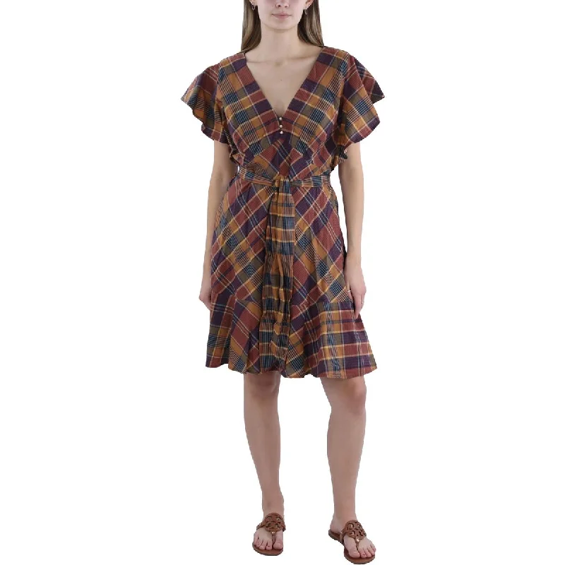 Fantastic Offers Womens Plaid Flutter Sleeve Mini Dress