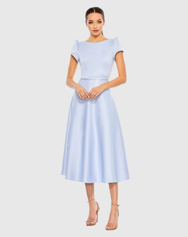 Huge Discounts Satin Puff Shoulder Tea Length Dress