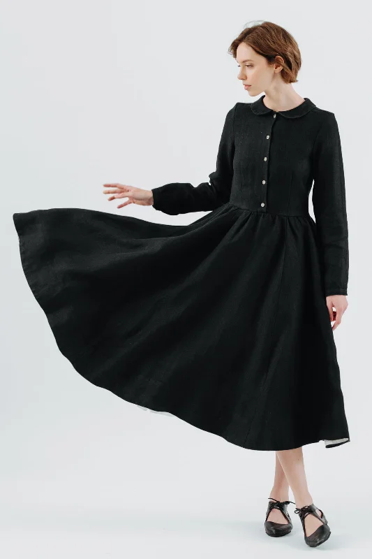 Markdown Madness Classic Dress, Long Sleeve, Twill Linen, Black Herringbone