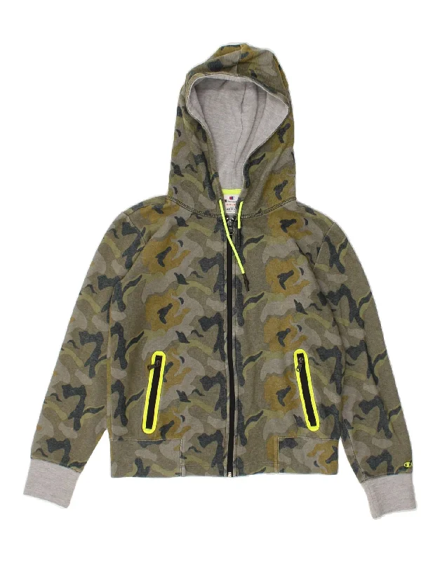 Limited Edition CHAMPION Womens Zip Hoodie Sweater UK 14 Medium Green Camouflage Cotton
