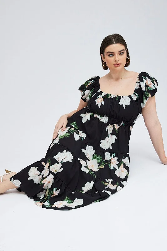 Limited Edition Black Floral Midi Dress Short Sleeve Tiered Ruched