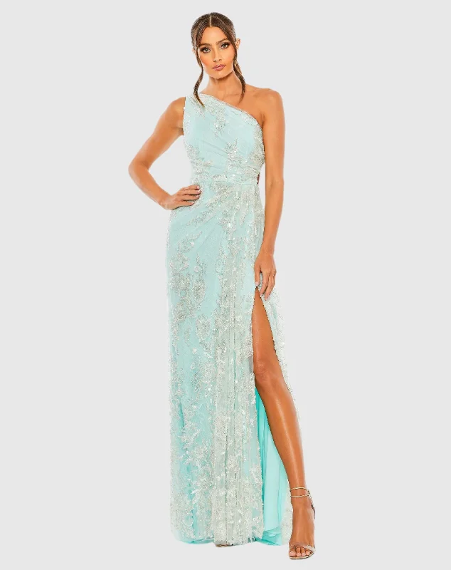 Savings Galore Blue One Shoulder Side Cut Embellished Gown