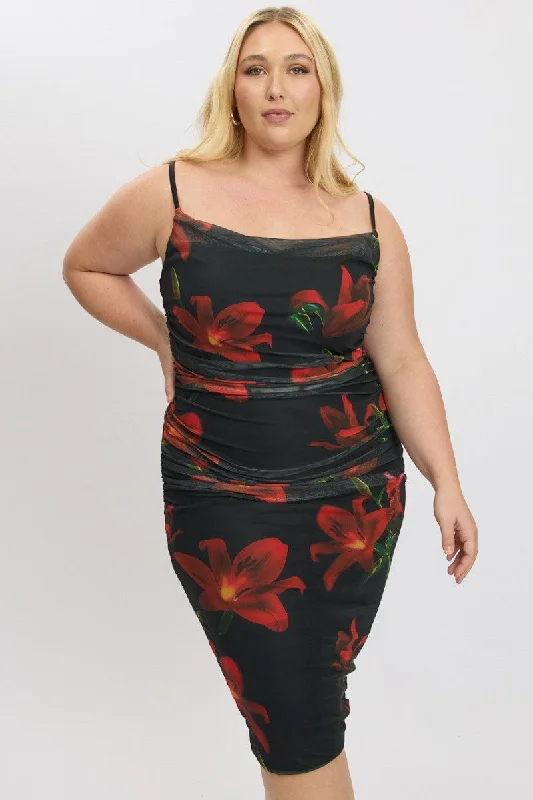 Act Now Black Floral Cowl Neck Shoestring Strap Bodycon Maxi Dress