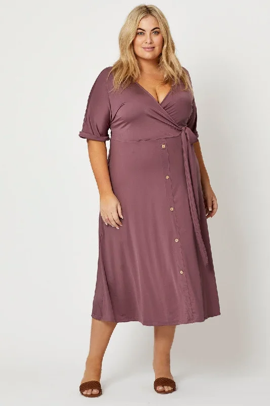 Great Deals Purple Midi Dress V-neck Short Sleeve Waist Tie