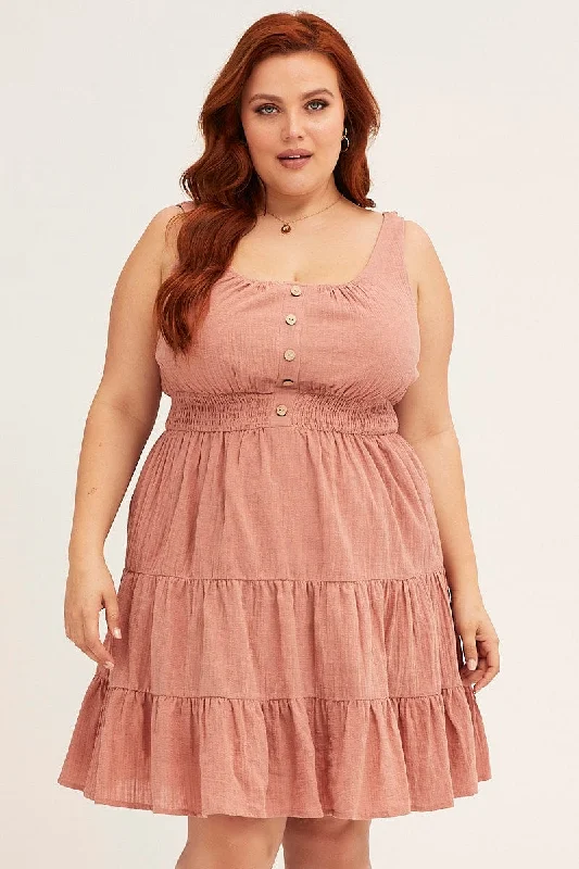 Early Access Brown Fit And Flare Dress Button Front Cotton