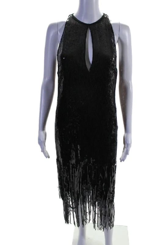 Sale Event Pinko Womens Sequin Tassel Trim Cut Out Sleeveless Maxi Dress Black