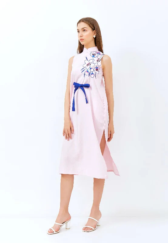 Bargain Prices CHERRY BLOSSOM Embroidery Pink Midi Cheongsam Dress