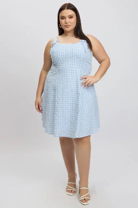 Anniversary Sale Blue Check Gingham Embroidered Mini Dress