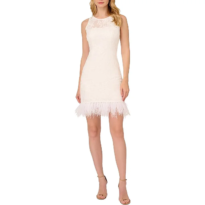 Can't Miss Womens Lace Ostrich Feather Mini Dress