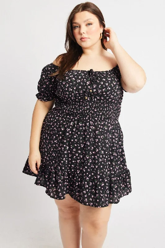 The Best Prices Black Ditsy Scoop Neck Shirred Waist Minidress