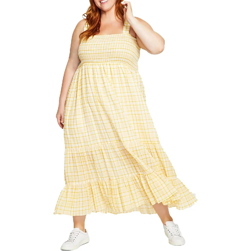 Online Specials Plus Womens Smocked Plaid Maxi Dress